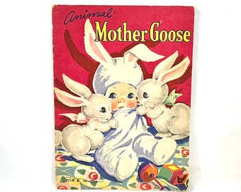 Libro de cuentos vintage, Animal Mother Goose, Ruth E. Newton, mediados de siglo 1940, Whitman Publishing Co. Libro de lino de gran tamaño, decoración de guardería