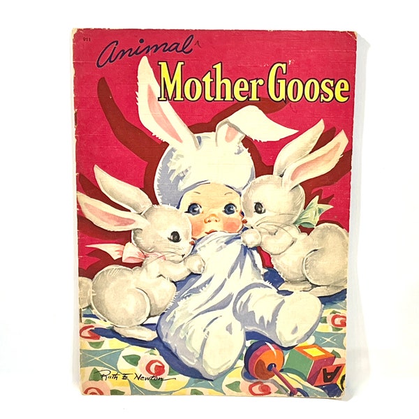 Vintage Storybook, Animal Mother Goose, Ruth E. Newton, Mid Century 1940s, Whitman Publishing Co. Oversized Linen Book, Nursery Decor