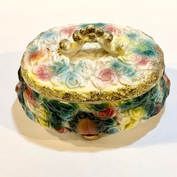 Vintage Powder Box, 3 D Flowers, Hand Painted, Trinket Box, Dresser Box, Vanity Decor, Made in Japan, 1930s-1940s Era, Gift for Her