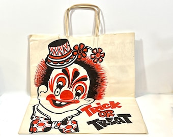 Vintage Halloween, Large Trick Or Treat Bag, Scary Clown, Mid Century Holiday, 16 x 13 inches, Funky Halloween, Party Decor Gift Idea