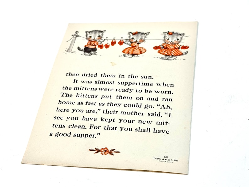 May include: Vintage children's book page featuring illustrations of three kittens wearing mittens. The kittens are depicted in a charming, retro style, with the text describing their activities. The page has a warm, nostalgic feel.