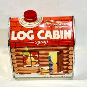 Vintage Kitchen, Log Cabin Syrup, 100th Anniversary, Advertising Tin, Dated 1987, Farmhouse Decor, Empty Tin,  For the Collector