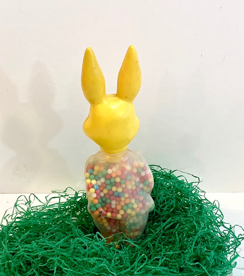 Hong Kong 1960s Mid Century Holiday Candy Holder Yellow Rabbit Easter Toy Vintage Rosbro Bunny