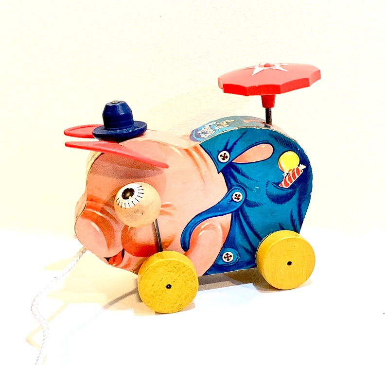 Vintage Fisher Price Pig Pinky No 695 First Version 1956 Nursery Decor Mid Century Toy Wood Pull Toy