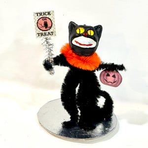 Whimsical Chenille Black Cat: Handmade Halloween Folk Art Assemblage