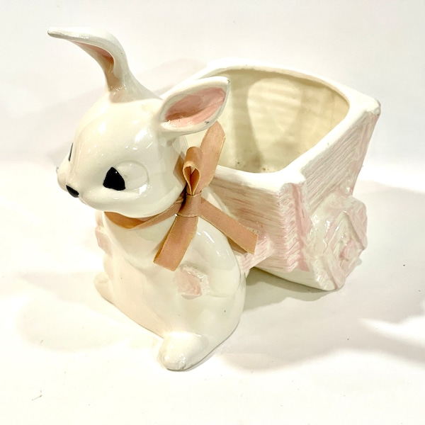 Vintage Big Eye Bunny, Conejo w Carro, Plantador de Pascua, Antropomórfico, Cerámica pintada dura,, Vacaciones de mediados de siglo, Japón 1950