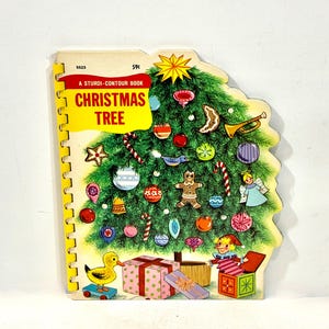 Livre du père Noël vintage, sapin de Noël, livre aux contours robustes, livre en carton découpé, reliure spirale, vers les années 1960