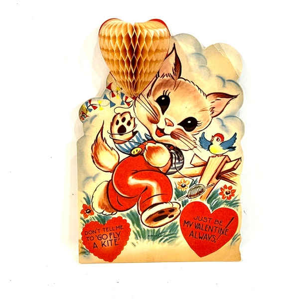 Vintage Valentine, Cat Flying Kite, Paper Puff Heart, Honeycomb Heart, Die Cut Card, Signed, 8 x 5 inches, Mid Century Holiday, 1940s Era