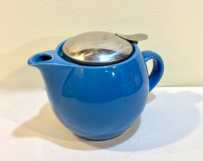 Vintage Japan Teapot, Single Cup, Stainless Steel Lid, Blue Ceramic