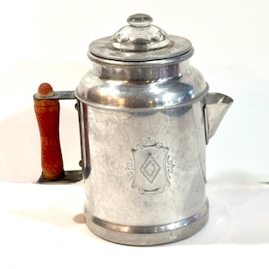 Vintage Toy, Childs Coffee Pot, Aluminum Percolator, Red Wood Handle, Glass Knob, 1940s, Kitchen Play, Toy Dishes