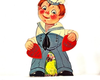 Mechanische valentijnskaart jaren 40, Navy Sailor Boy & Parrot, gestanst, gemaakt in de VS