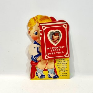 Vintage valentijnskaart, meisje en jongen, verhalenboek, gestanst, uitgevouwen, Louis Katz, rode harten, circa jaren 1930, gesigneerd op achterkant, cadeau voor verzamelaar