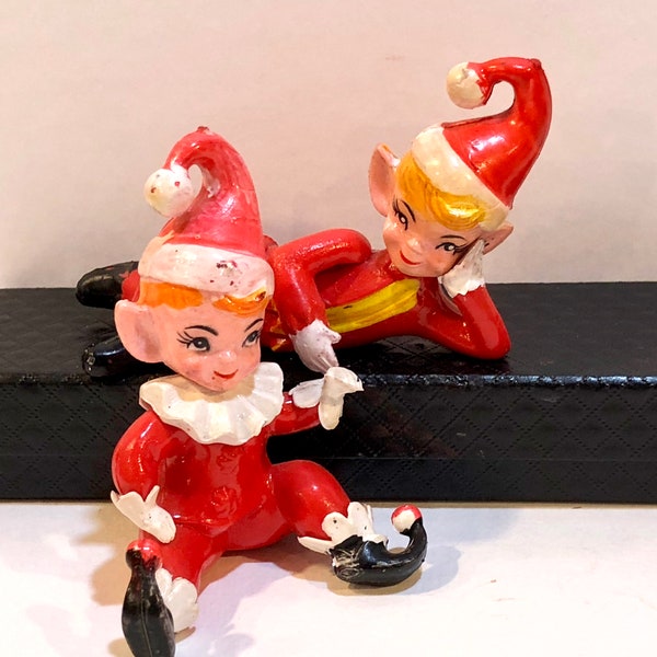 Vintage Christmas,1960s, Red Rubber Pixie Elves, 2 Clown Elves, Mid Century Holiday, Hong Kong, Sitting Elf, Reclining Elf