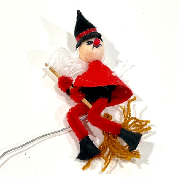 Vintage  Chenille Spun Cotton, Witch Pic,  Made in Japan, Witch Ornament, Red Felt, Flying Witch, Halloween Decor, Craft Supply. Altered Art