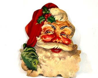 Vintage Santa  Face,  Die Cut Cardboard, Color Litho,  St. Nick, Christmas Decor, Christmas Decor, Mid Century 1940s,  Santa Collector