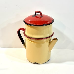 Vintage Enamelware, Coffee Pot, Tan with Red Lid, Includes Basket, Percolator style, mid Century 1940s, DECOR ONLY, Gift for collector