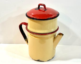Vintage Enamelware, Coffee Pot, Tan with Red Lid, Includes Basket, Percolator style, mid Century 1940s, DECOR ONLY, Gift for collector