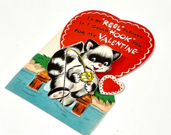 Vintage Valentine, Cute Racoon, Fishing Valentine, Die Cut Flat, 2 piece Valentine, Signed, mid Century 1950s, Scrapbooking, Junk Journal