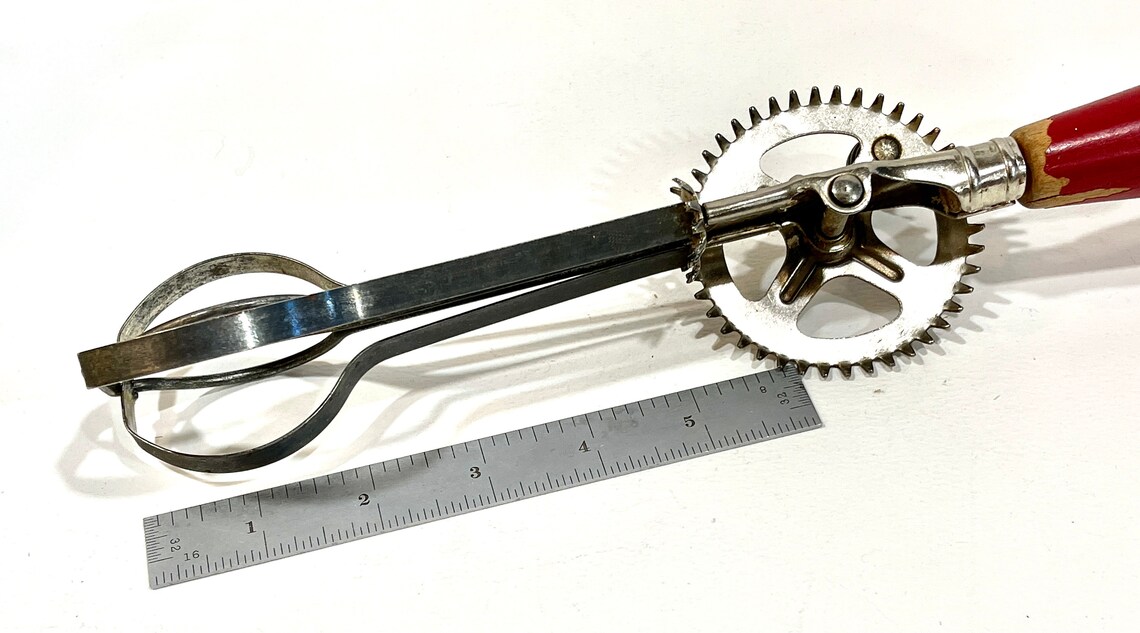 Vintage Hand Beater Egg Beater Red Wood Handle Rotary Etsy