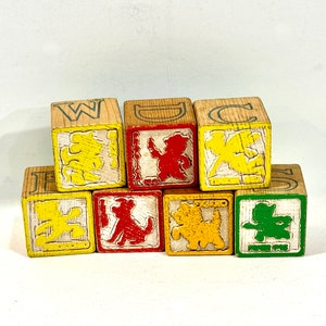 Vintage houten blokken jaren 60, Halsam, Disney-figuren, alfabetblokken, cijfers, 7 blokken, speelgoed bouwen, speelgoed uit het midden van de eeuw, decor kinderkamer