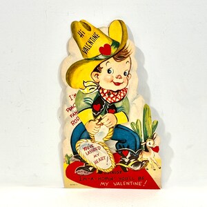 Vintage Valentijn, cowboykaart, Googly Eyes, lassotouw, mechanische kaart, gemaakt in de VS. Gestanst, vakantie halverwege de eeuw, jaren 1940, grote kaart