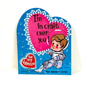 Vintage Valentine, Astronaut Valentine, Lollipop Valentine. Cartão não utilizado, Rosen Co, feito nos EUA, não assinado, feriado de meados do século, era dos anos 1960