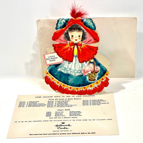 Hallmark Dolls, Die cut Card, Little Red Riding Hood, Doll No. 5, Land of Make Believe, Nursery Rhyme, Mid Century 1940s, Gift for Collector