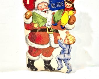 Carte de Noël vintage découpée avec le père Noël : petit garçon, clown, carte signée