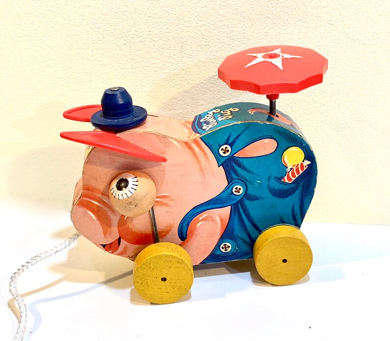 Vintage Fisher Price Pig Pinky No 695 First Version 1956 Nursery Decor Mid Century Toy Wood Pull Toy