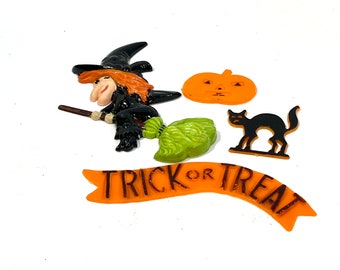 Vintage Halloween, Witch Novelty, Classic Halloween, Cake topper, Witch on Broom, Trick or Treat, Halloween Crafts, Kitschy Holiday