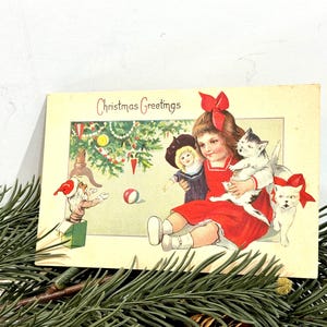 Auguri di Natale anni '30, cartolina d'epoca, Babbo Natale Jack in Box, ragazza con bambola, due gattini, serie 731a, prodotto negli Stati Uniti, oggetto da collezione vintage