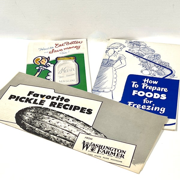 Vintage Kitchen, Canning Ephemera, Kerr Canning Guide, Pickle Recipes, Freezing Instructions, Farmhouse Recipes, 3 Booklets, 1950s Era