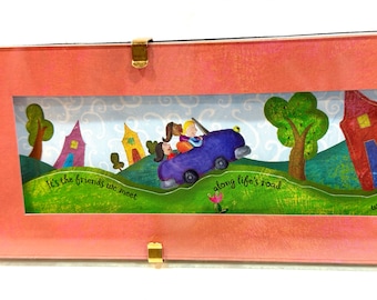 Grillige volkskunst, vriendschapsboodschap, 9 x 3 inch, mixed media, handgeschilderd, lijst van koraal
