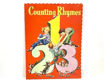 vintage Counting Rhymes, illustratrice Florence Sarah Winship, lin comme un livre, bords festonnés découpés, livre pour enfants, vers les années 1940