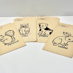 Flashcards dos anos 1940, palavras ilustradas, decoração de sala de aula, itens de animais, scrapbooking, diário de objetos antigos, decoração de casa de fazenda, decoração de berçário, 4 cartões