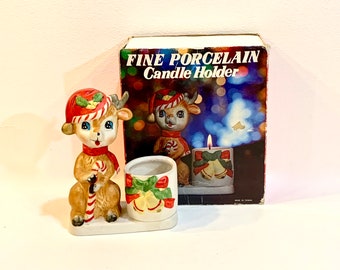 Vintage Christmas Reindeer Porcelain Candle Holder, Deer Figurine, Anthropomorphic, Big Eye Deer, Mid Century Holiday