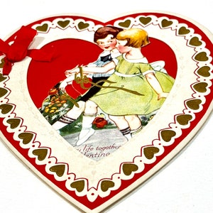 Vintage Die-Cut Valentine Card: Gold Embossed Hearts, Boy & Girl, 1930s