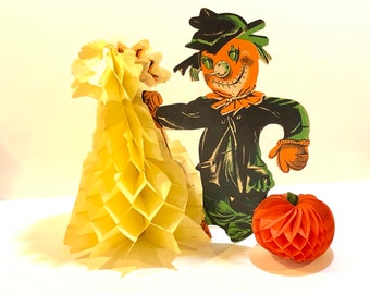 Vintage Halloween, Scarecrow Pumpkin, Honeycomb Centerpiece, Corn Shock Pumpkin, Halloween Decor, Mid Century Holiday, Japan, 1960s