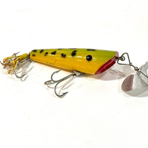 Vintage Wood Lure, Fred Arbogast, Sputterbug Lure, Top Water Lure, Yellow Black Spots, Treble Hooks, Worn Tail, Metal Blade, Gift for Him