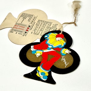 Ephemera Vintage, Bridge Tally Card, Art Déco, Harlequin Pierrot, Palhaço, Detalhes Dourados, Die Cut Club, 2 peças, Instruções no verso, Cartão USA
