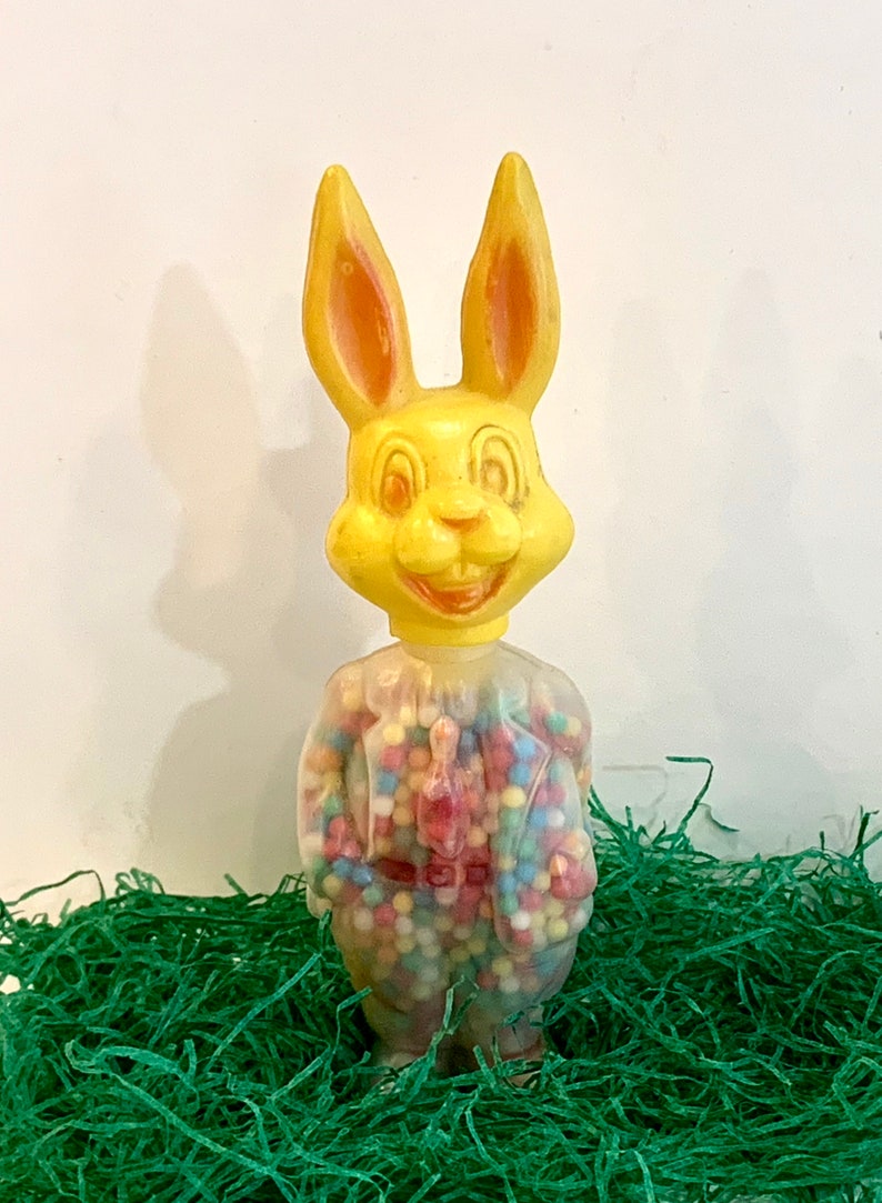 Hong Kong 1960s Mid Century Holiday Candy Holder Yellow Rabbit Easter Toy Vintage Rosbro Bunny