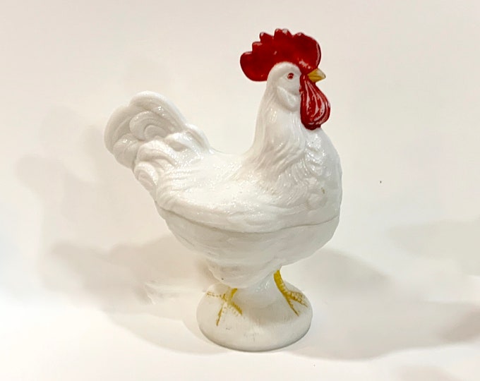 Vintage Milk Glass Rooster, Westmoreland White Rooster, Candy Dish With Lid, 2 Piece Rooster