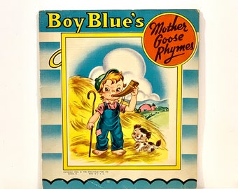 Comptines vintage pour chambre d'enfant, petit garçon bleu, comptines Mother Goose, lin comme un livre, milieu des années 40, pub Saalfield États-Unis, idée cadeau