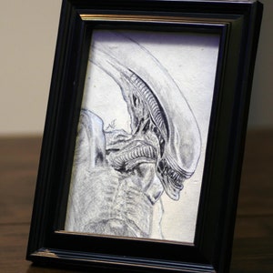 Signed Xenomorph Alien Drawing: Sci-fi Horror Art (5.5x8 inch)
