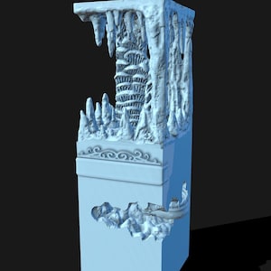 May include: A light blue, 3D-printed sculpture depicting an icy cave scene. The sculpture features stalactites, stalagmites, and a carved ship. The design includes intricate details and a decorative border. The overall theme is fantasy and adventure.
