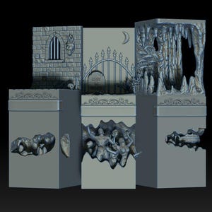Puede incluir: Un modelo gris tridimensional con elementos arquitectónicos. El modelo incluye una pared de ladrillo con una ventana enrejada, una puerta con una lápida y una estructura similar a una cueva. La base del modelo tiene figuras esculpidas.
