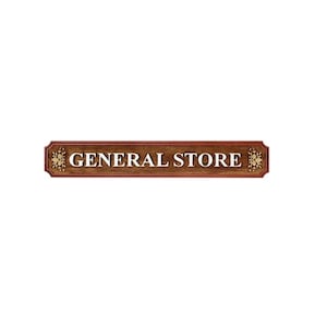 May include: A rectangular wooden sign with the words "GENERAL STORE" in white lettering. The sign has a brown background with a red border and decorative floral accents on each end.