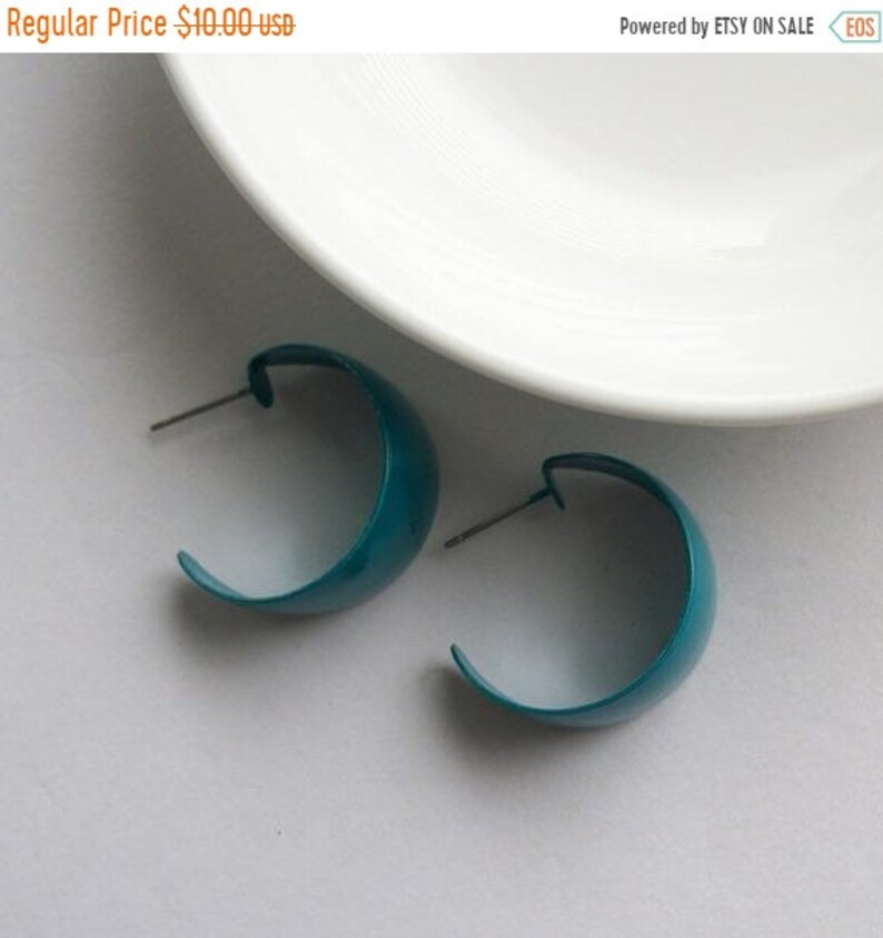 SUMMER SALE Teal Earrings Vintage Wide Hoop Earrings Silver Toned Post Earrings Enamel Earrings Large Chunky Hoop Earrings