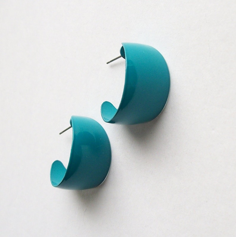 SUMMER SALE Teal Earrings Vintage Wide Hoop Earrings Silver Toned Post Earrings Enamel Earrings Large Chunky Hoop Earrings