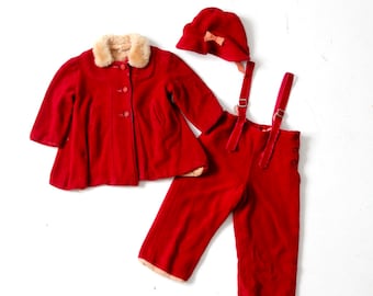 antique children's winter outfit, red wooly coat, pants and hat